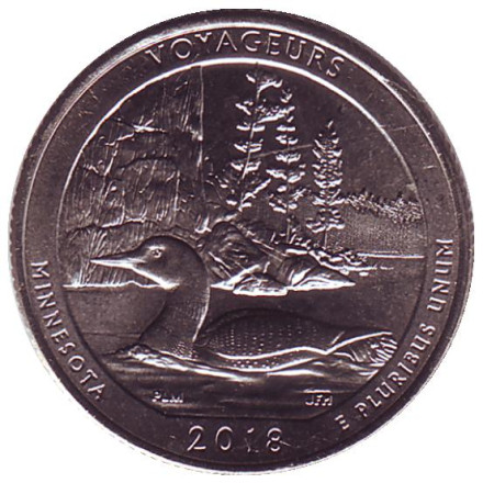 Монета 25 центов (D). 2018 год, США. Национальный парк Вояджерс. Парк № 43.