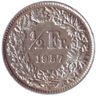Монета 1/2 франка. 1957 год, Швейцария.