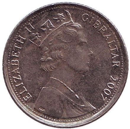 Монета 10 пенсов. 2007 год, Гибралтар. Большая осада Гибралтара. Пушка.