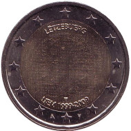 Монета 2 евро, 2009 год, Люксембург. 10 лет Экономическому и валютному союзу. Монета 2 евро, 2009 год, Люксембург. 10 лет Экономическому и валютному союзу.