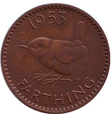 Монета 1 фартинг. 1953 год, Великобритания. Крапивник (птица).