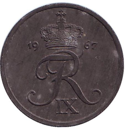 Монета 2 эре. 1967 год, Дания. Монета 2 эре. 1967 год, Дания.