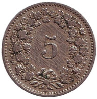 Монета 5 раппенов. 1888 год, Швейцария. Монета 5 раппенов. 1888 год, Швейцария.
