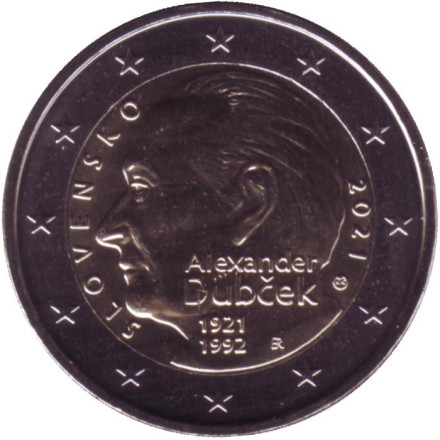 Монета 2 евро. 2021 год, Словакия. 100 лет со дня рождения Александра Дубчека.