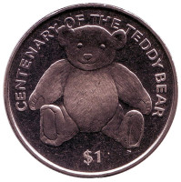 100 лет плюшевому мишке. Монета 1 доллар. 2002 год, Британские Виргинские острова.