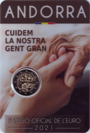Монета 2 евро. 2021 год, Андорра. Мы заботимся о наших пожилых людях.