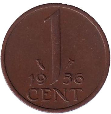 Монета 1 цент. 1956 год, Нидерланды.