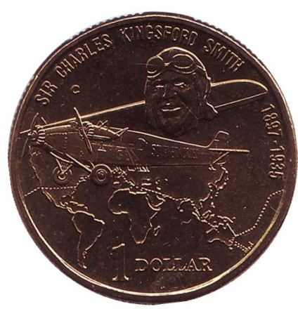 Монета 1 доллар. 1997 год, Австралия. Отметка: "С" 100 лет со дня рождения Чарльза Кингсфорда Смита. Карта.