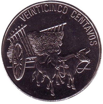 Монета 25 центаво, 1991 год, Доминиканская Республика. UNC. Повозка, запряженная быками.