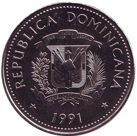 Монета 25 сентаво. 1991 год, Доминиканская Республика. Повозка, запряженная быками.