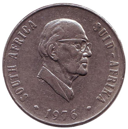 Монета 50 центов. 1976 год, ЮАР. Окончание президентства Якобуса Йоханнеса Фуше.