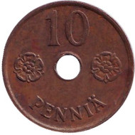 Монета 10 пенни. 1942 год, Финляндия. Монета 10 пенни. 1942 год, Финляндия.
