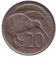 Монета 20 центов. 1974 год, Новая Зеландия. Киви (птица). Монета 20 центов. 1974 год, Новая Зеландия. Киви (птица).