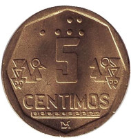 Монета 5 сентимов. 1998 год, Перу. UNC.