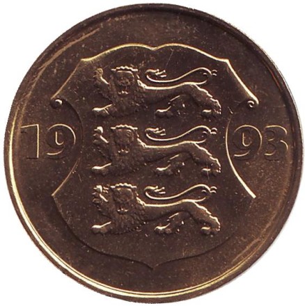 Монета 5 крон, 1993 год, Эстония. (Отметка "M" повернутая вправо рядом с нижним львом) Косуля. 75 лет Эстонской республике.
