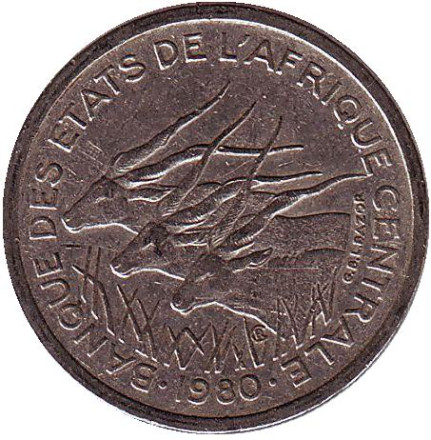 Монета 50 франков. 1980 год (A), Центральные Африканские штаты. Африканские антилопы. (Западные канны).