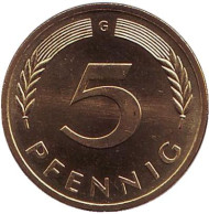 Монета 5 пфеннигов. 1979 год (G), ФРГ. Дубовые листья. Монета 5 пфеннигов. 1979 год (G), ФРГ. Дубовые листья.
