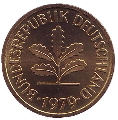 Монета 5 пфеннигов. 1979 год (G), ФРГ. Дубовые листья.