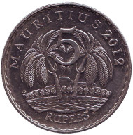 Монета 5 рупий. 2012 год, Маврикий. Пальмы. Сивусагур Рамгулам. Монета 5 рупий. 2012 год, Маврикий. Пальмы. Сивусагур Рамгулам.