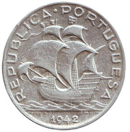 Монета 5 эскудо. 1942 год, Португалия. Парусный корабль. Монета 5 эскудо. 1942 год, Португалия. Парусный корабль.