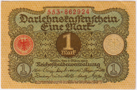 Банкнота 1 марка. 1920 год, Веймарская республика.