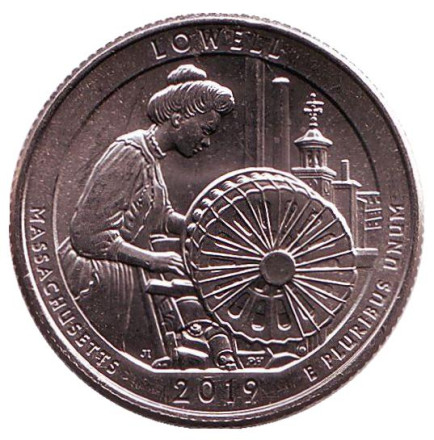 Монета 25 центов (P). 2019 год, США. Национальный исторический парк Лоуэлл. Парк № 46.