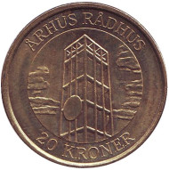 Монета 20 крон. 2002 год, Дания. Башня Ратуши в Орхусе. Монета 20 крон. 2002 год, Дания. Башня Ратуши в Орхусе.