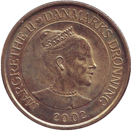 Монета 20 крон. 2002 год, Дания. Башня Ратуши в Орхусе.