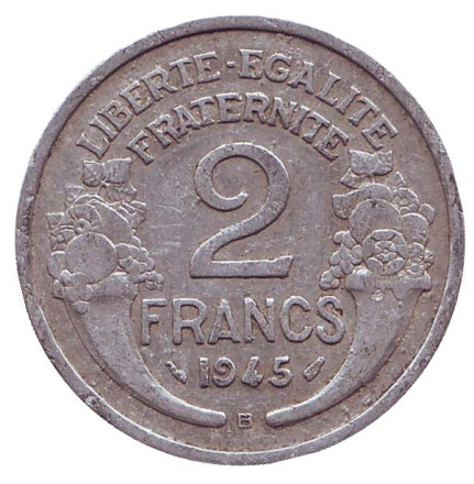 Монета 2 франка. 1945 год, Франция. (Отметка: "B")