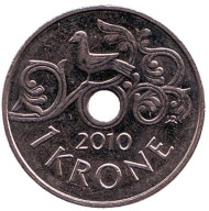 Монета 1 крона. 2010 год, Норвегия. Птица на виноградной лозе. Монета 1 крона. 2010 год, Норвегия. Птица на виноградной лозе.