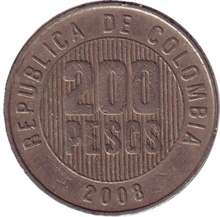 Монета 200 песо. 2008 год, Колумбия.