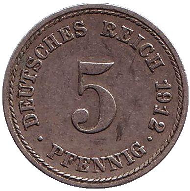 Монета 5 пфеннигов. 1912 год (F), Германская империя.
