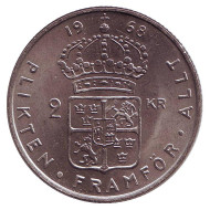 Монета 2 кроны. 1968 год, Швеция. Густав VI Адольф. Монета 2 кроны. 1968 год, Швеция. Густав VI Адольф.