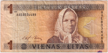 Банкнота 1 лит. 1994 год, Литва. Юлия Жемайте. Из обращения.