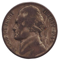 Монета 5 центов. 1945 год (D), США. Джефферсон. Монтичелло. Монета 5 центов. 1945 год (D), США. Джефферсон. Монтичелло.