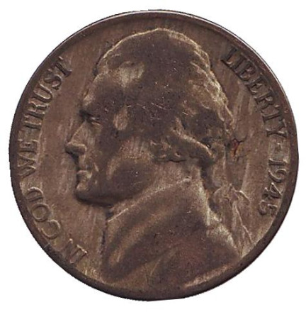 Монета 5 центов. 1945 год (D), США. Джефферсон. Монтичелло.