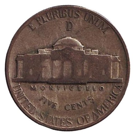 Монета 5 центов. 1945 год (D), США. Джефферсон. Монтичелло.
