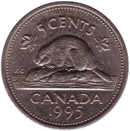 Монета 5 центов. 1995 год, Канада. Бобр. Монета 5 центов. 1995 год, Канада. Бобр.