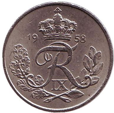 Монета 10 эре. 1958 год, Дания.