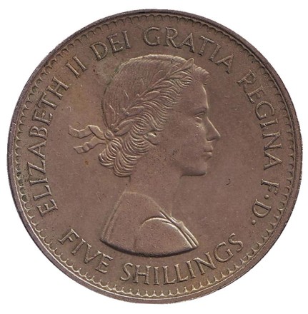 Монета 5 шиллингов (1 крона). 1960 год, Великобритания. Британская выставка в Нью-Йорке.