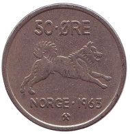 Монета 50 эре. 1963 год, Норвегия. Собака. Монета 50 эре. 1963 год, Норвегия. Собака.