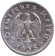 Монета 50 рейхспфеннигов. 1935 год, Германия (Третий Рейх). (F). Монета 50 рейхспфеннигов. 1935 год, Германия (Третий Рейх). (F).