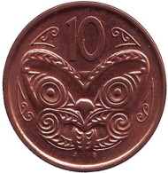 Монета 10 центов. 2011 год, Новая Зеландия. Маска маори. Монета 10 центов. 2011 год, Новая Зеландия. Маска маори.