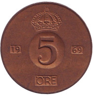 Монета 5 эре. 1969 год, Швеция. Монета 5 эре. 1969 год, Швеция.