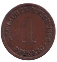 Монета 1 пфенниг. 1906 год (A), Германская империя. Монета 1 пфенниг. 1906 год (A), Германская империя.