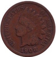 Монета 1 цент. 1908 год, США. Без отметки монетного двора. Индеец. Монета 1 цент. 1908 год, США. Без отметки монетного двора. Индеец.