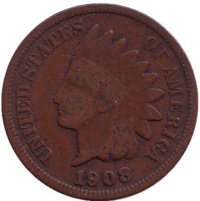 Монета 1 цент. 1908 год, США. Без отметки монетного двора. Индеец.