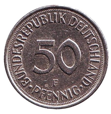 Монета 50 пфеннигов. 1977 год (F), ФРГ. Женщина, сажающая дуб. Монета 50 пфеннигов. 1977 год (F), ФРГ. Женщина, сажающая дуб.