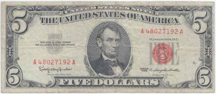 Банкнота 5 долларов. 1963 год, США. Красная печать. А. Р-383.