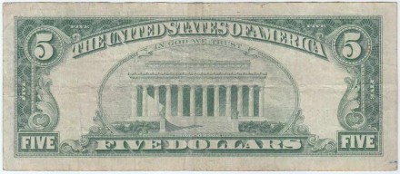 Банкнота 5 долларов. 1963 год, США. Красная печать. А. Р-383.